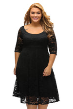 Black Floral Lace Sleeved Fit and Flare Curvy Dress