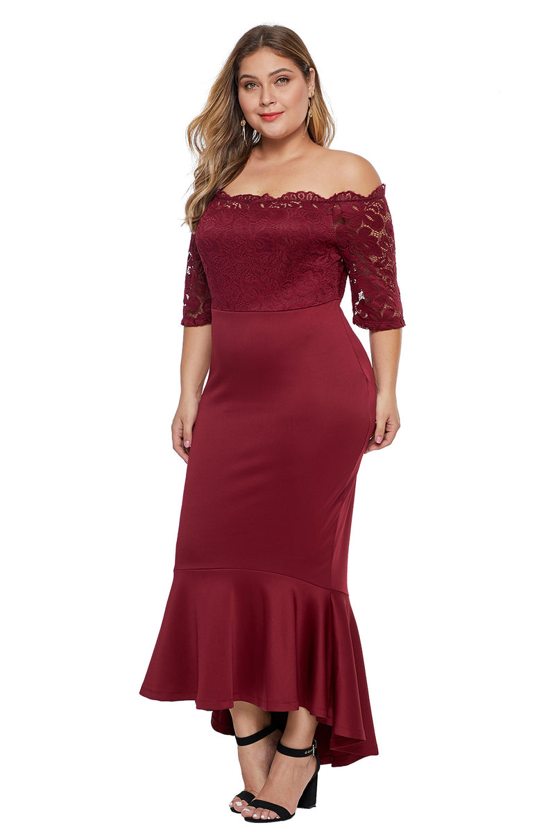 Off Shoulder Scalloped Neckline Lace Bodice Plus Size Dress