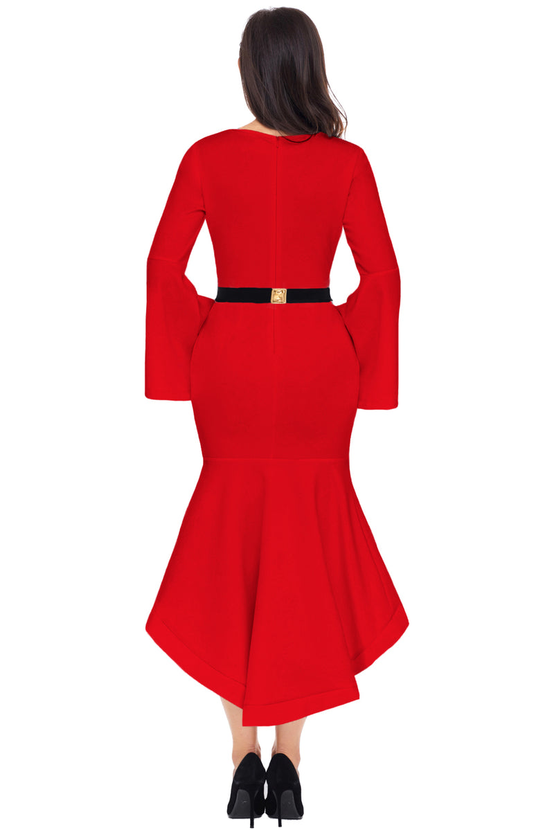 Red Bell Sleeve Dip Hem Belted Dress