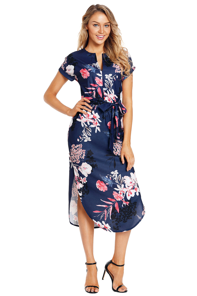 Navy Pink Floral Print Pencil Dress