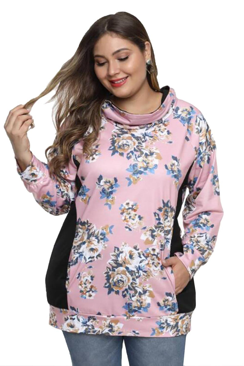 Black/Pink Floral Print Patchwork Plus Size Sweatshirt