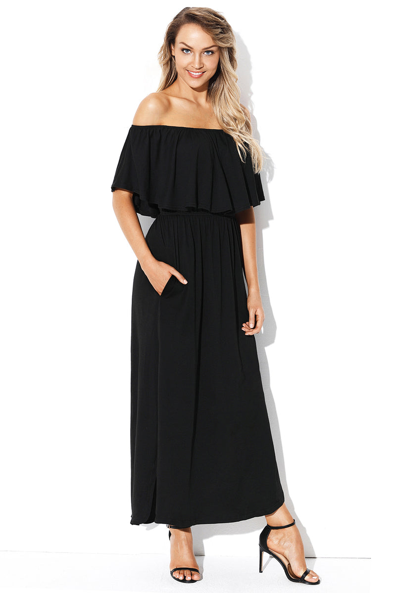 Black Flounce Off Shoulder Maxi Jersey Dress