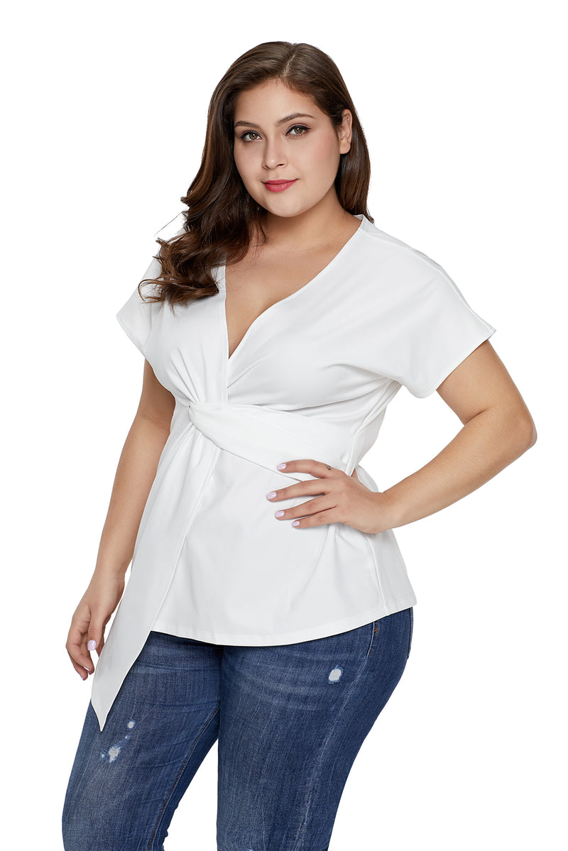 White Plus Size Twist Front Top