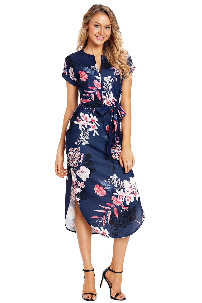 Navy Pink Floral Print Pencil Dress