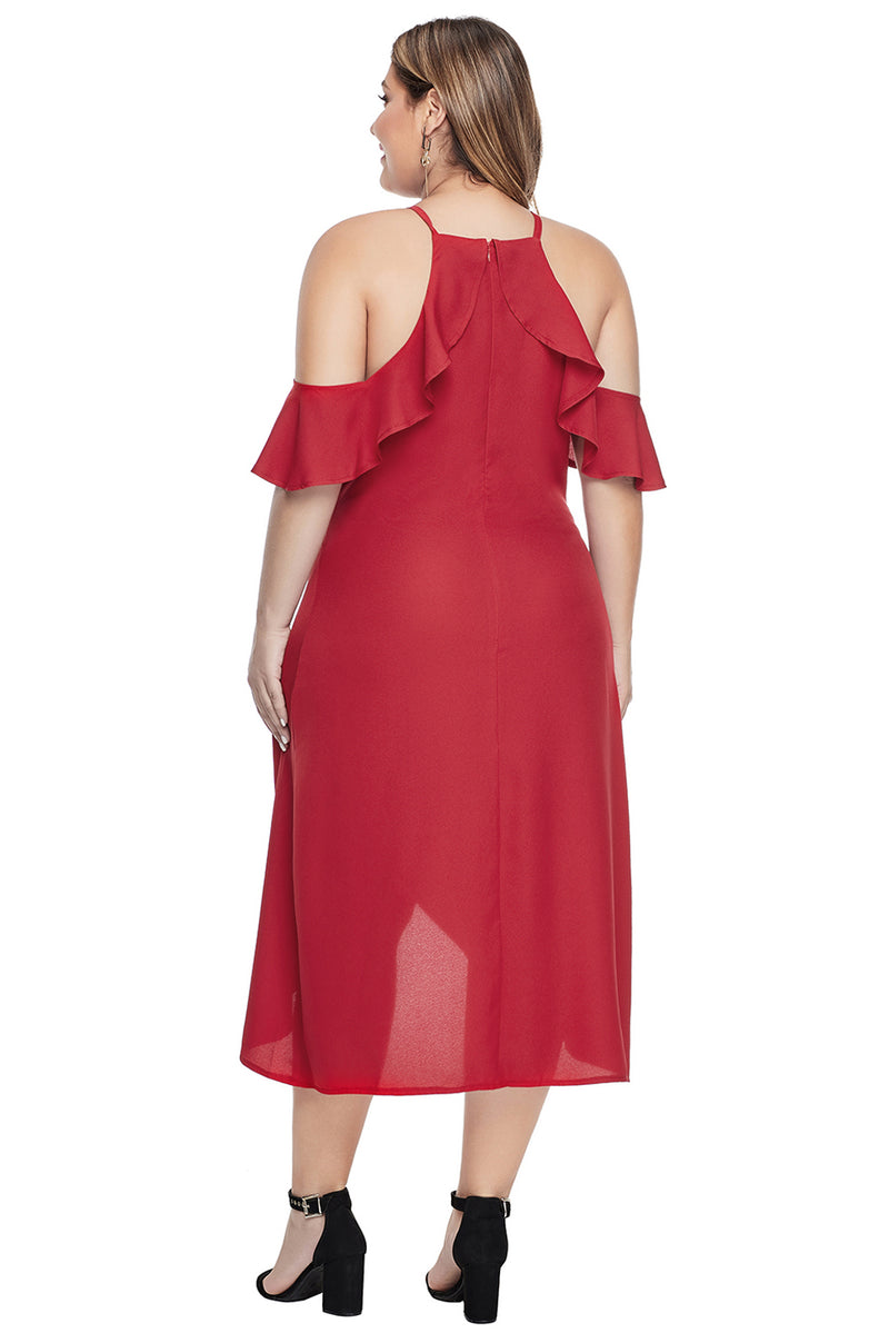 Red Off Shoulder Drop Sleeve Plus Size Dress