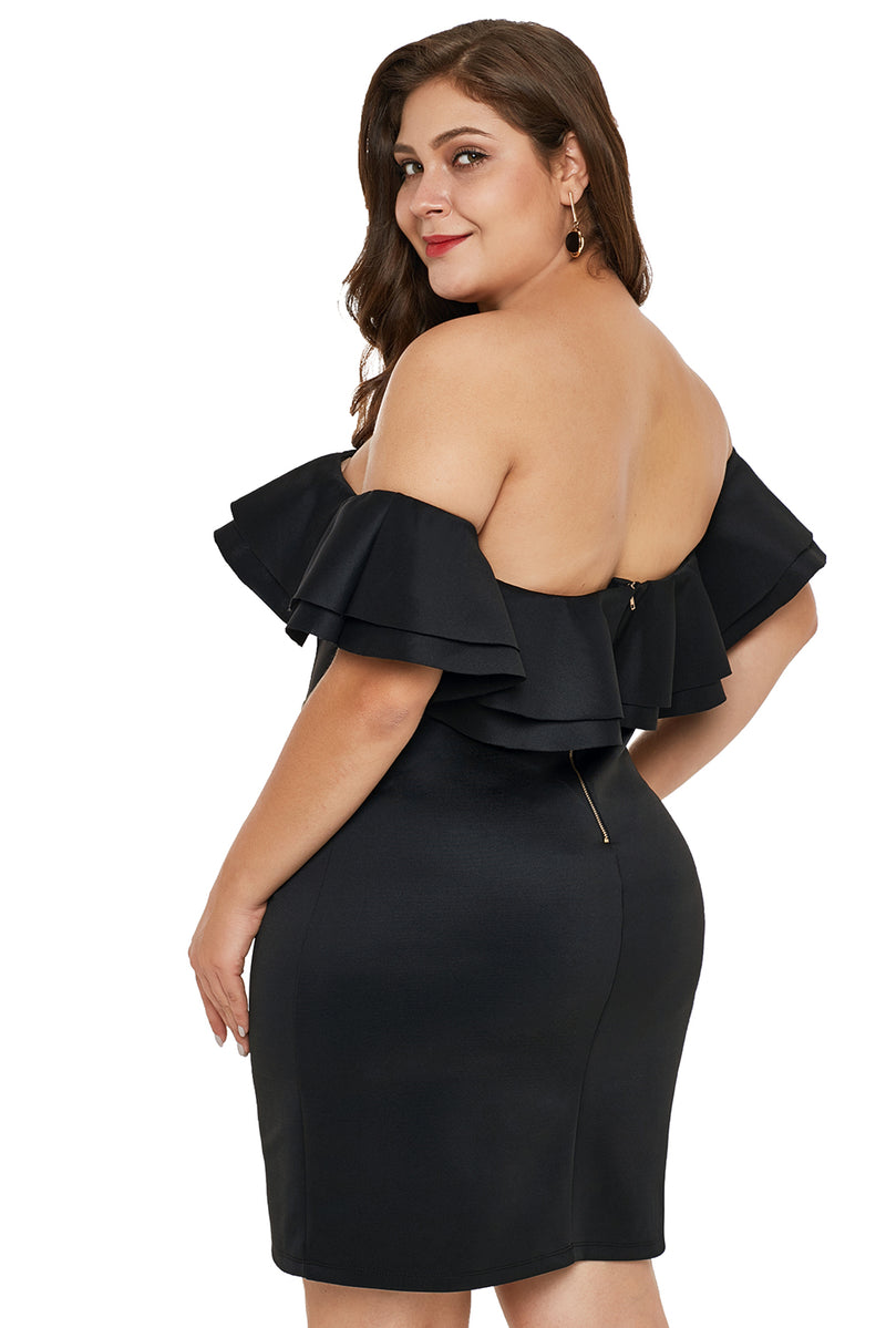 Black Layered Ruffle Off Shoulder Plus Size Dress