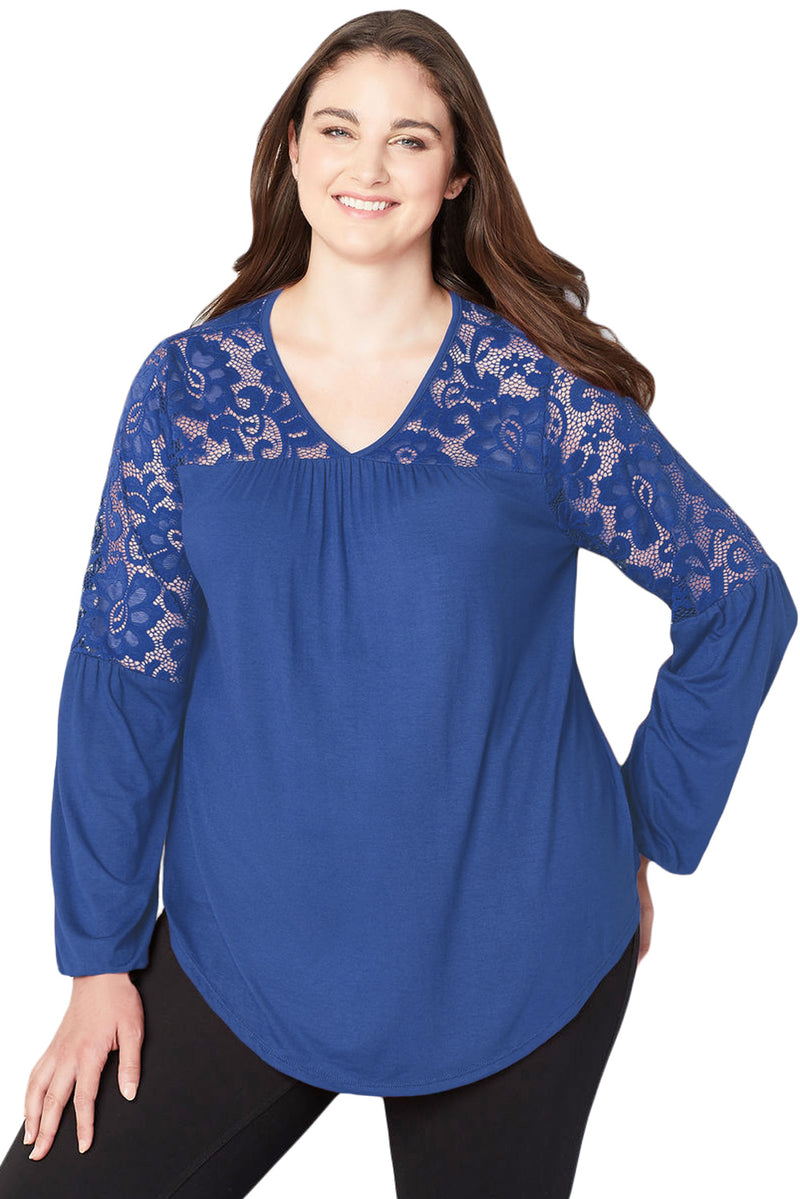 Royal Blue Lace Trim Keyhole Back Plus Size Top