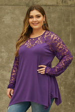 Purple Plus Size Lace Yoke Stitching Asymmetic Hemline Top