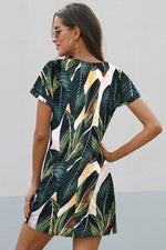 Green Palm Print Short Sleeve Side Knot T-shirt Dress