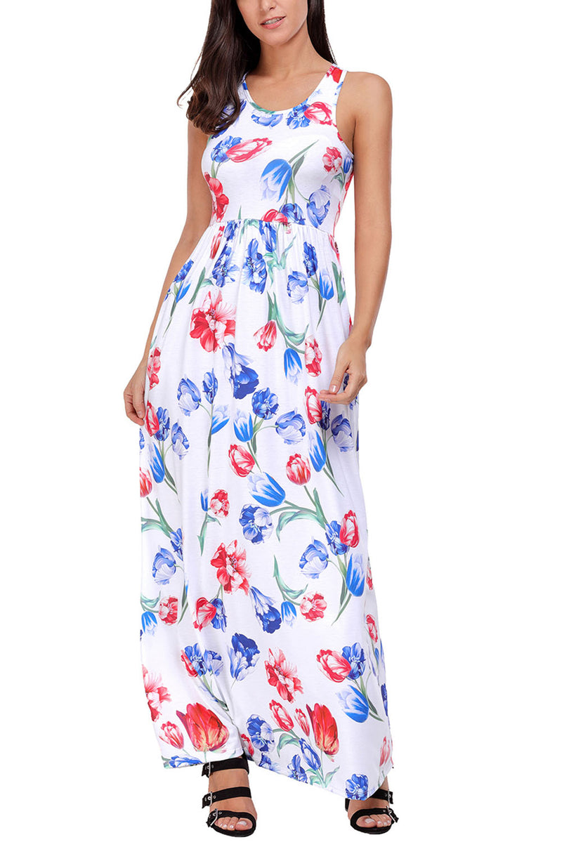 White Blossom Print Sleeveless Long Boho Dress