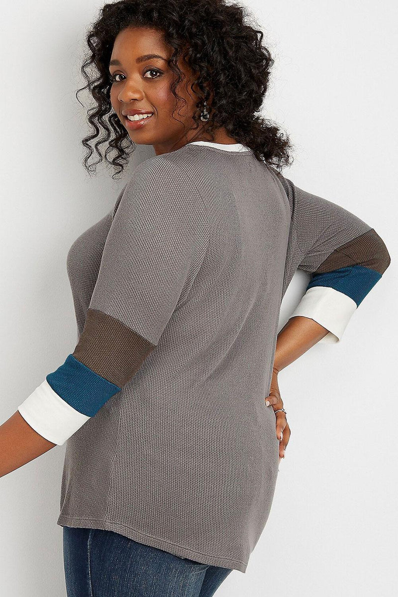 Gray Plus Size Blocked Sleeve Thermal Tee