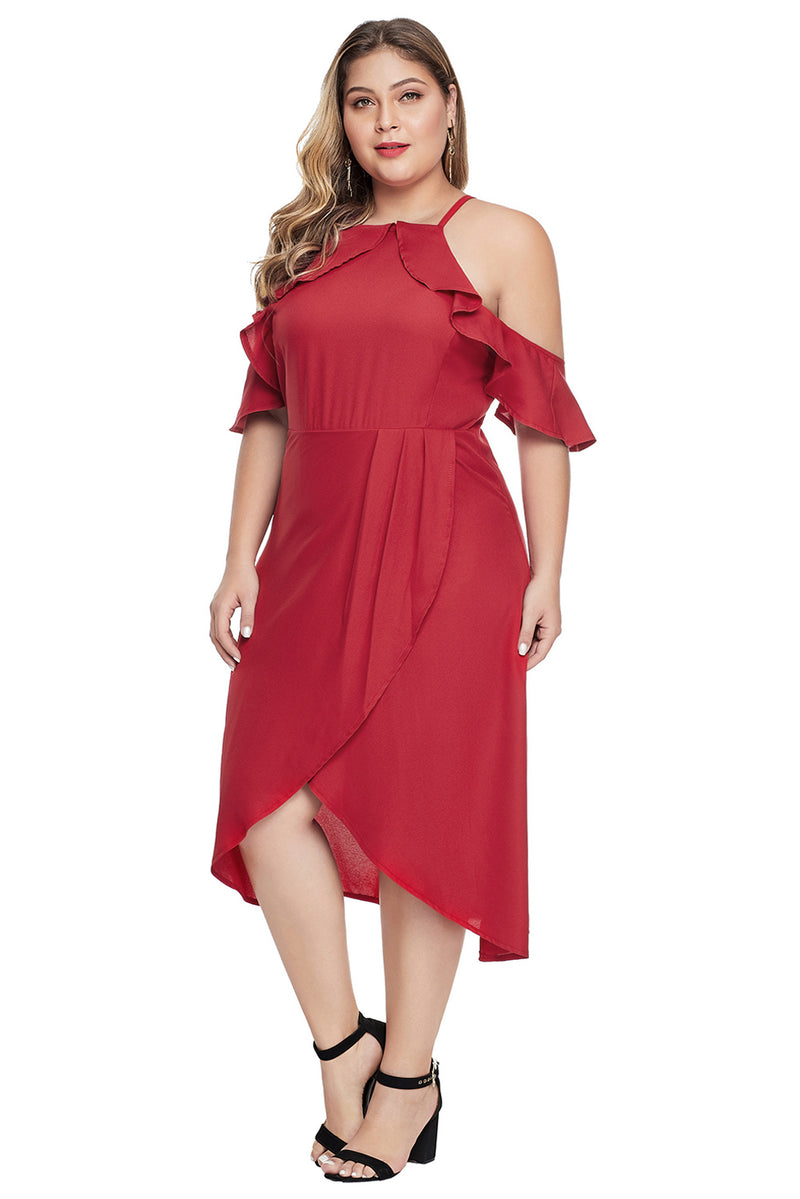 Red Off Shoulder Drop Sleeve Plus Size Dress