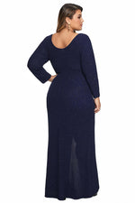 Blue Plus Size Long Sleeve Twist Detail Maxi Metallic Dress