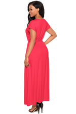 Rosy Red Crisscross V Neck Short Sleeve Maxi Jersey Dress