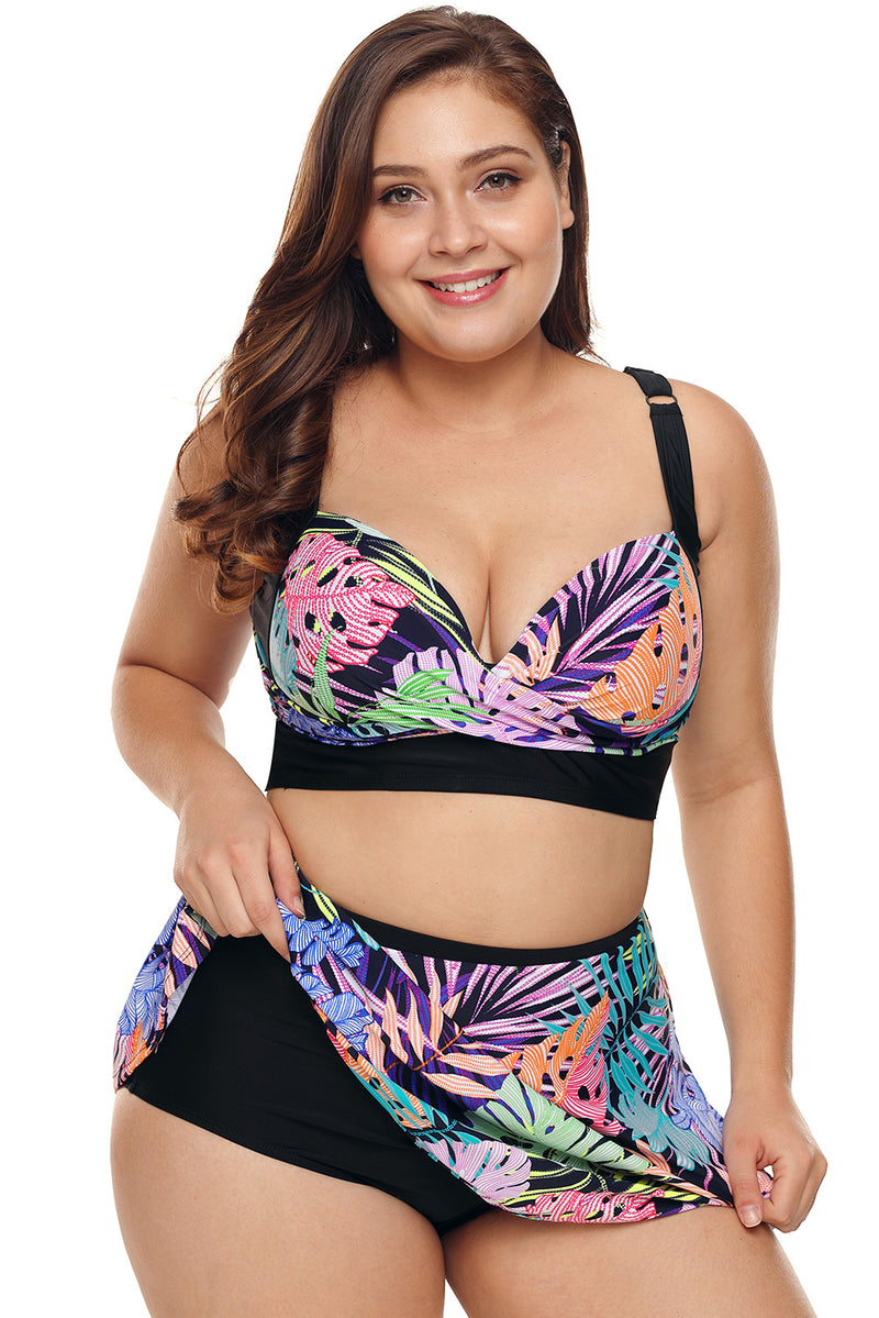 Plus Size Tropical Print Bikini Top with Swim Skirt