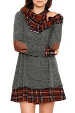 Charcoal Plaid Elbow Patch Cowl Neck Dress