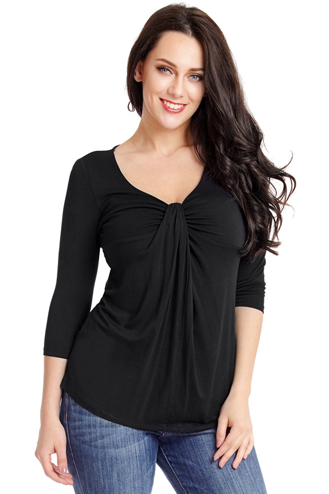 Black Gathered Drape V Neck Plus Size Top