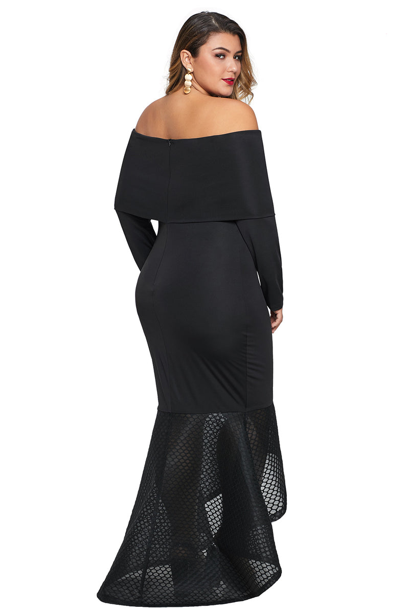 Black Overlay Off Shoulder Fishtail Plus Size Maxi Dress