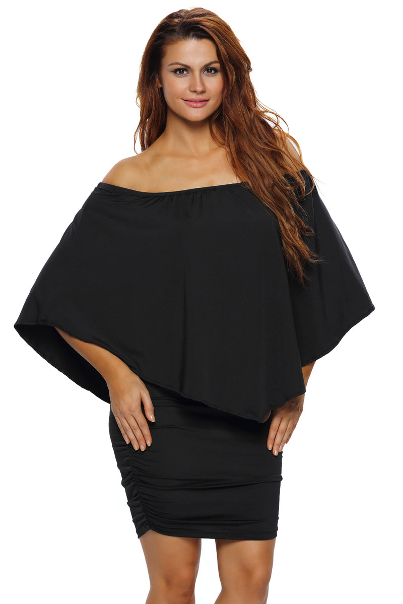 Plus Size Multiple Dressing Layered Black Mini Poncho Dress