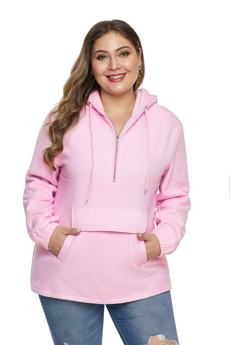 Pink Zip Neck Drawstring Plus Size Hoodie