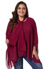 Burgundy Long Sleeve Chiffon Overlay Plus Size Blouse