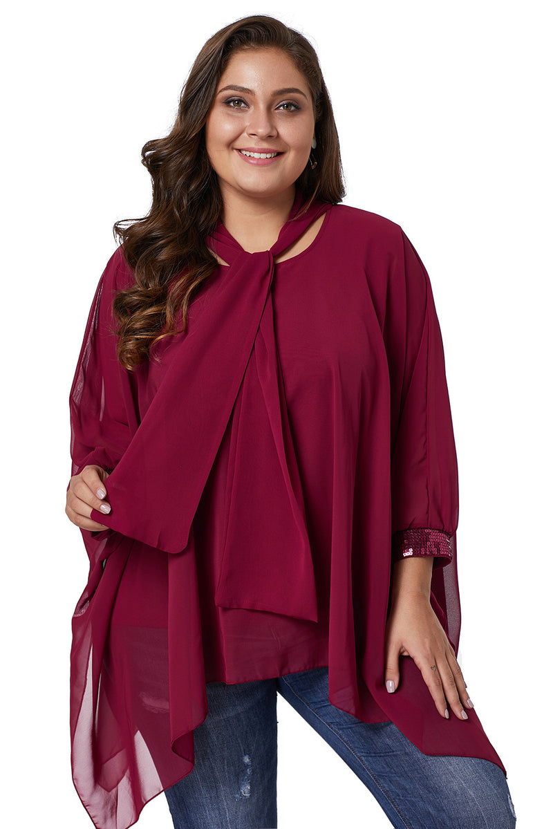 Burgundy Long Sleeve Chiffon Overlay Plus Size Blouse