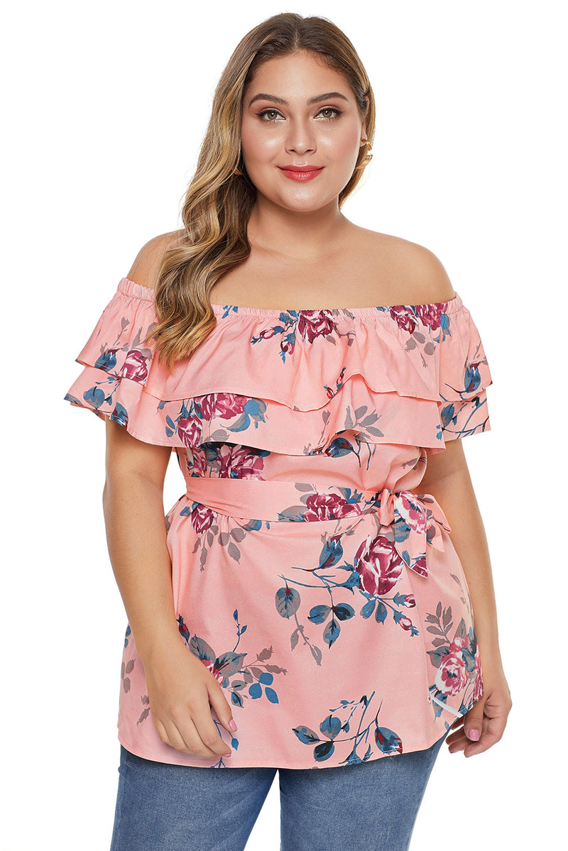 Pink Plus Size Floral Tiered Off the Shoulder Top