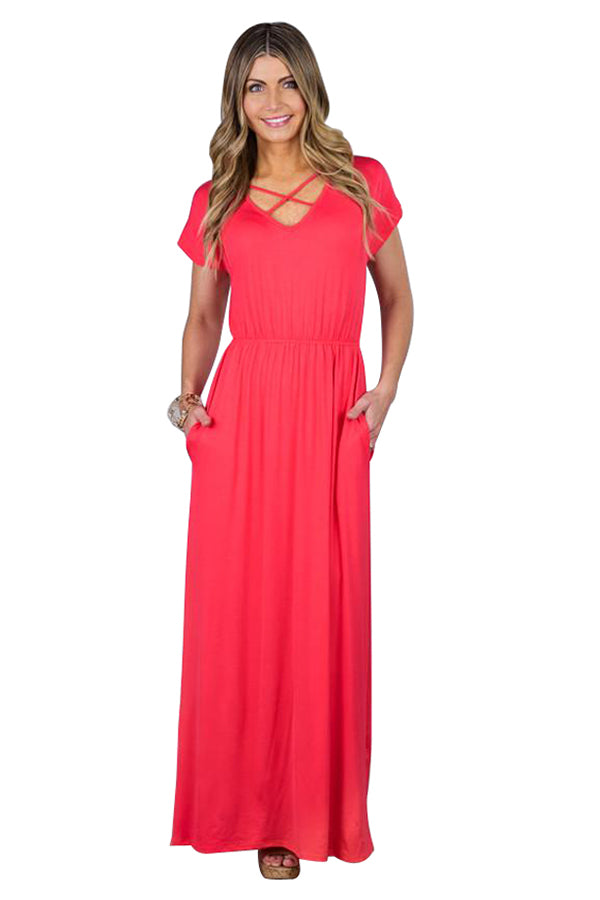 Rosy Red Crisscross V Neck Short Sleeve Maxi Jersey Dress