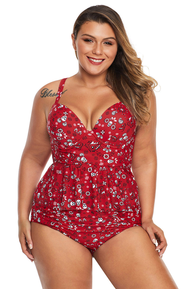 Red Print Moulded Cups Peplum Plus Size Bikini