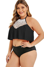 Black Halter Crochet Panel Overlay Plus Size Tankini Set