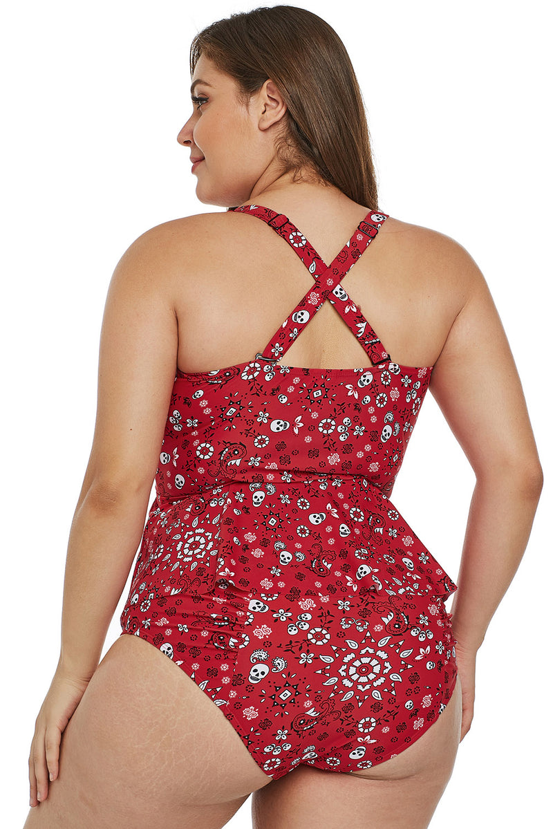 Red Print Moulded Cups Peplum Plus Size Bikini