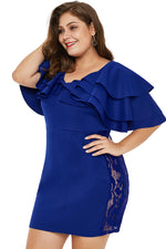 Blue Cascading Shoulder Lace Insert Plus Size Dress