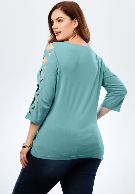 Light Blue Lattice Quarter Sleeved Plus Size Top