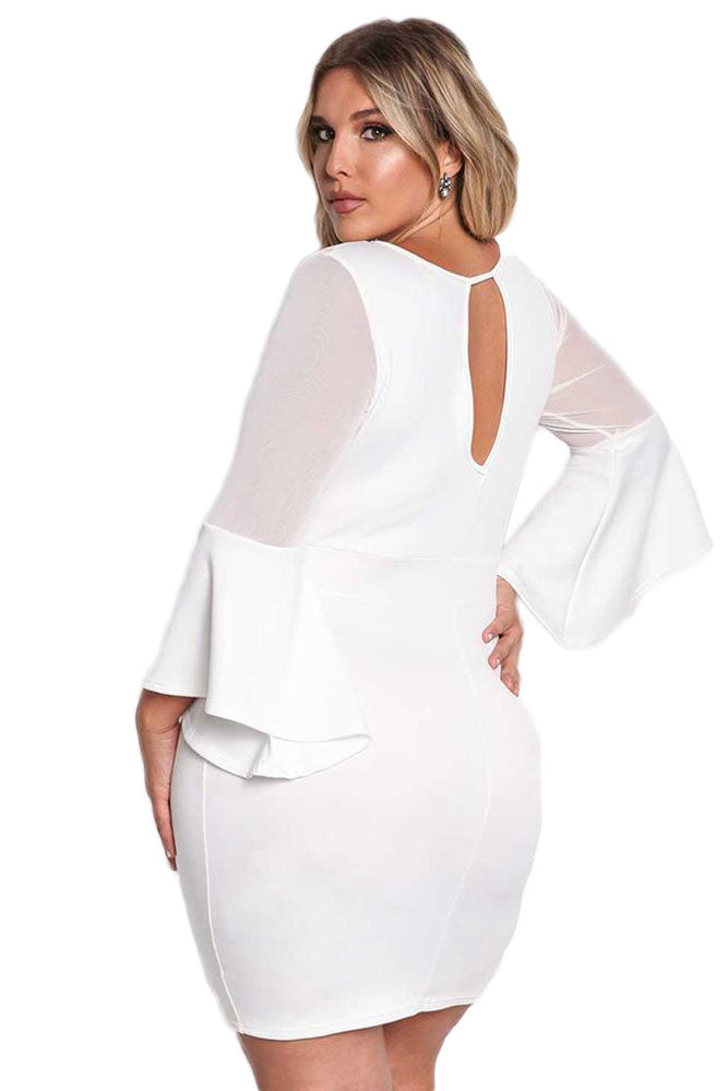 White Plus Size Mesh Trim Bell Sleeve Bodycon Dress