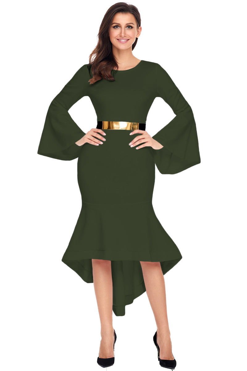 Olive Green Bell Sleeve Dip Hem Belted Dress