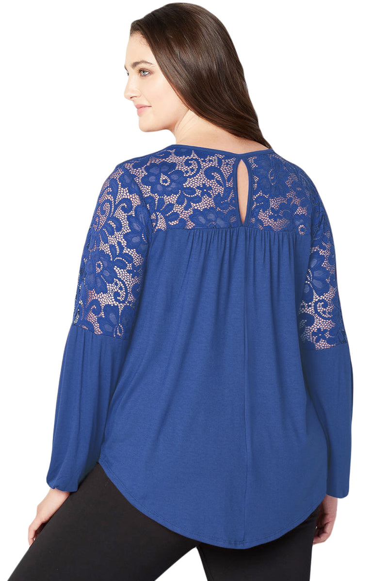 Royal Blue Lace Trim Keyhole Back Plus Size Top