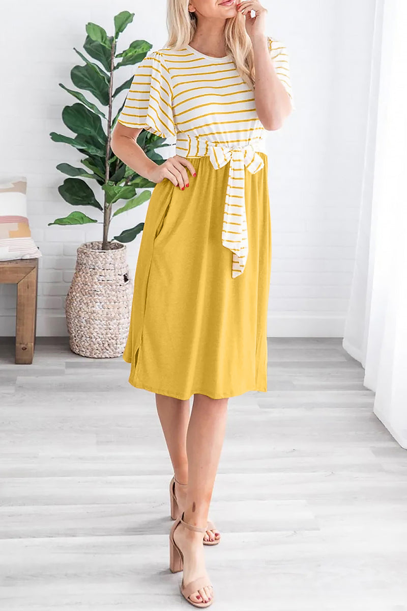 Yellow Striped Shirt Tie Front Casual Midi Dress