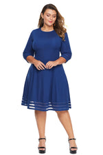 Blue 3/4 Length Sleeve Gauze Patchwork Flare Plus Size Dress