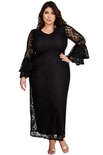 Black Lace Bell Sleeve Plus Size Maxi Dress