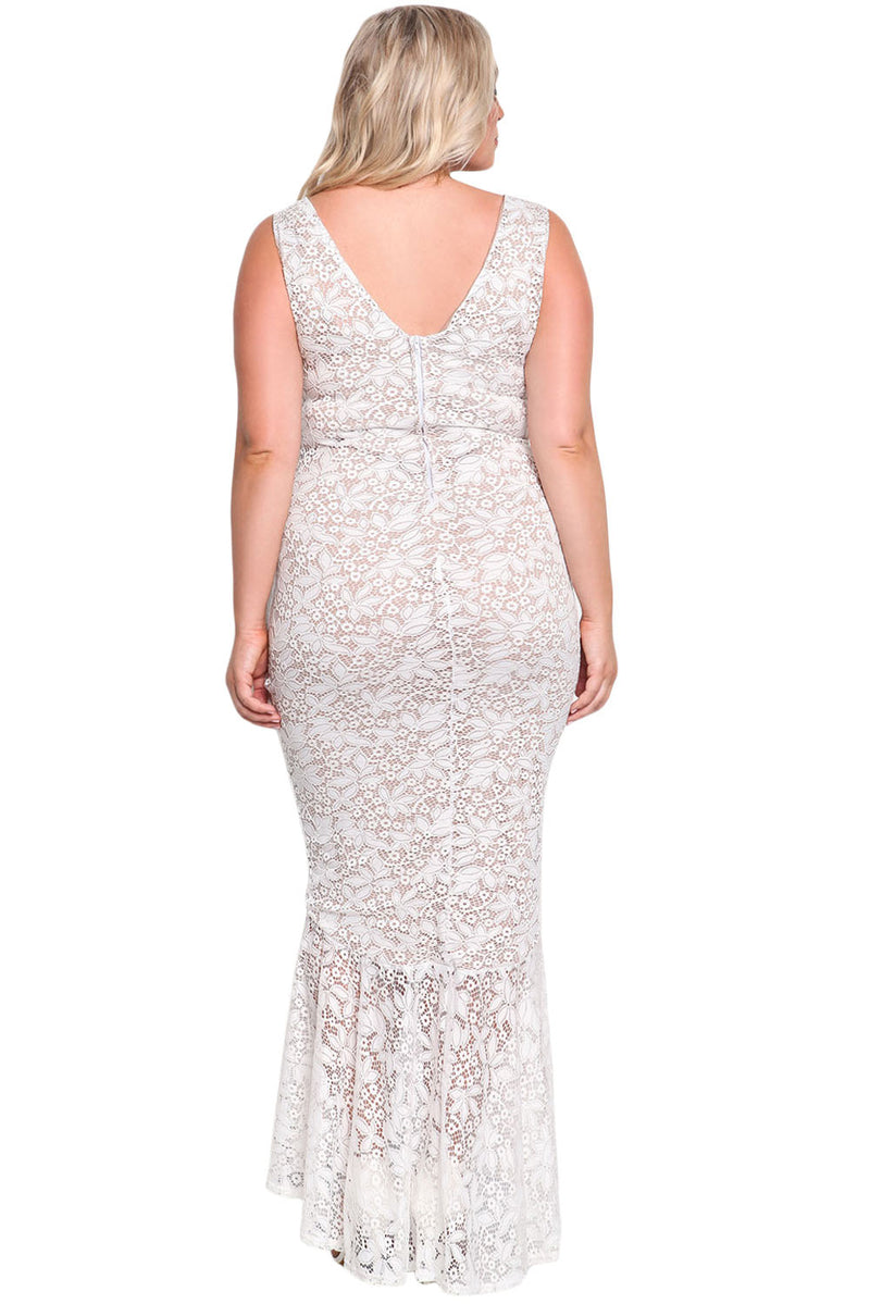 White Plus Size Floral Lace Ruffle Mermaid Maxi Gown