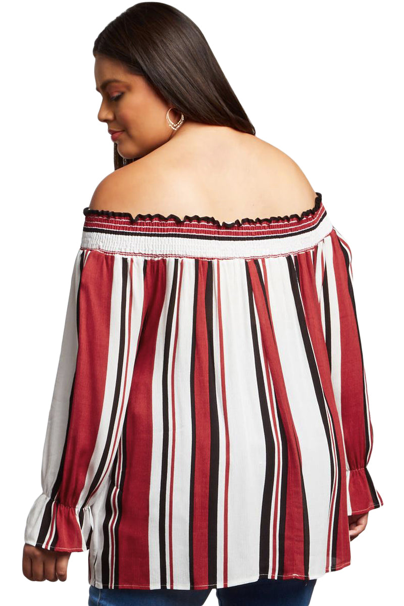 Red Striped Plus Size Off Shoulder Blouse