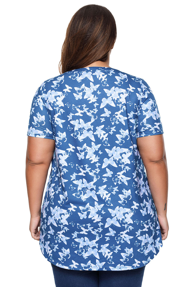 Blue Butterfly Print Pin Tuck Plus Size Blouse