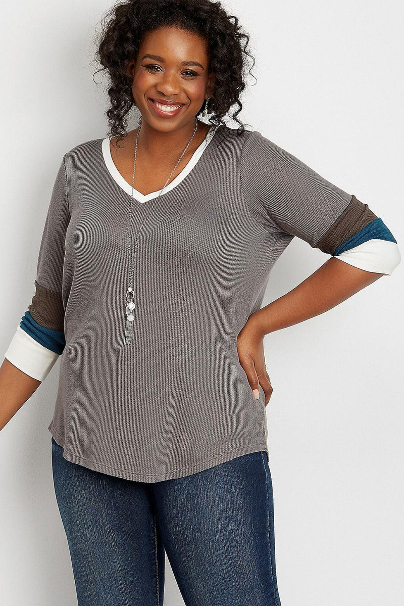 Gray Plus Size Blocked Sleeve Thermal Tee