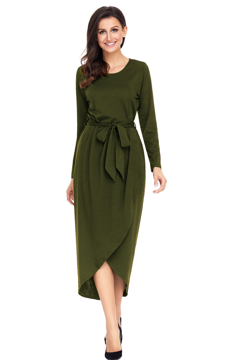 Olive Tulip Faux Wrap Sash Tie Jersey Dress