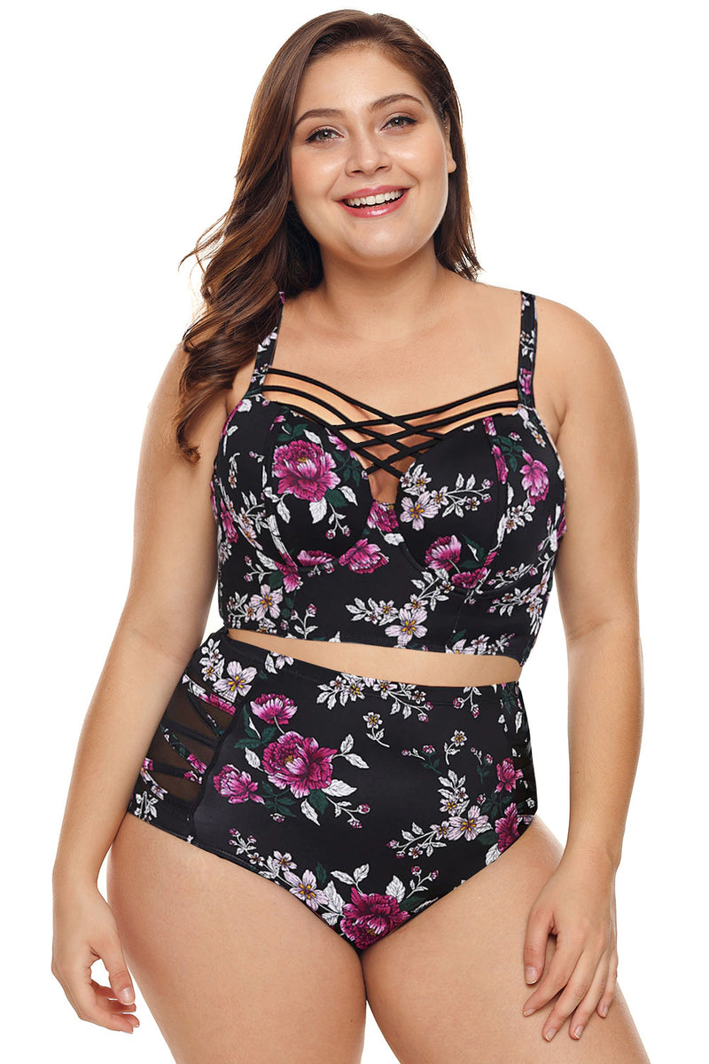 Purple Stylish Print Strappy Push Up Balconette Plus Size Bikini