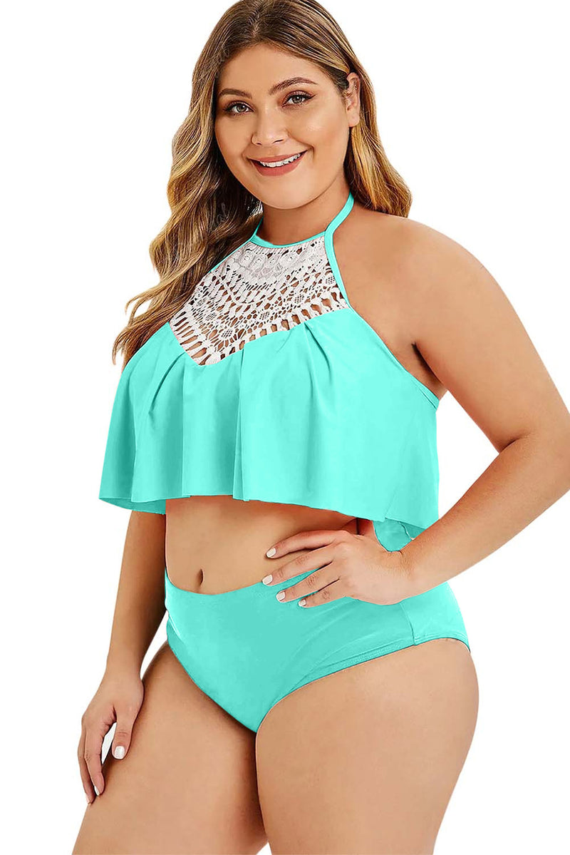 Sky Blue Halter Crochet Panel Overlay Plus Size Tankini Set