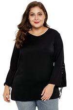 Black Lace Up Bell Sleeve Plus Size Top