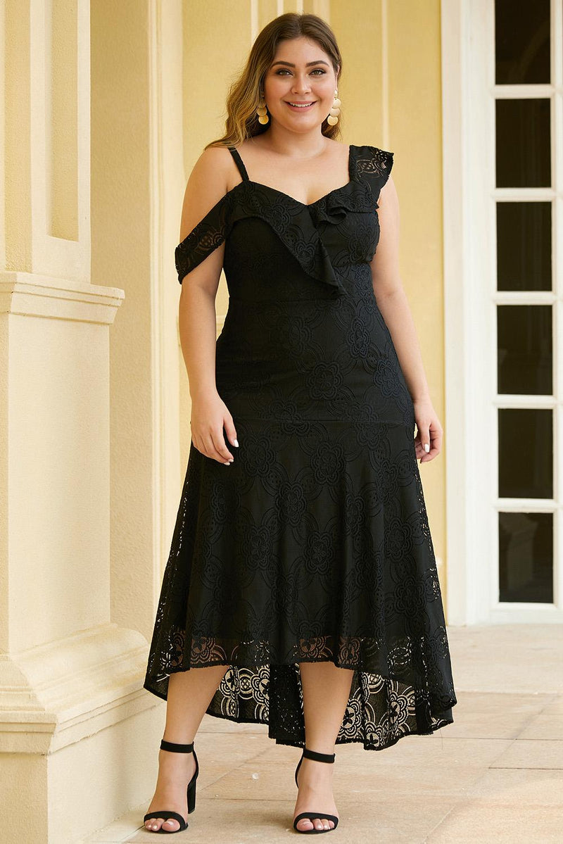 Black Asymmetric Ruffle Shoulder Design Plus Size Lace Dress