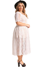 White Plus Size Floral Lace Flared Midi Dress