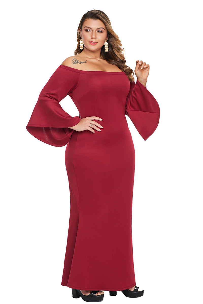Red Plus Size Off Shoulder Flare Sleeve Maxi Dress